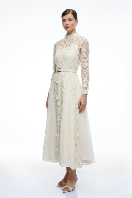 Kenzie Midi Dress Neutral Long Sleeves Lace