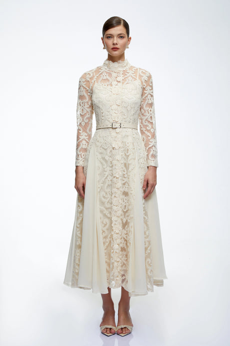 Kenzie Midi Dress Neutral Long Sleeves Lace