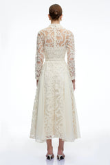 Linnea Neutral Long Sleeves Lace Midi Dress