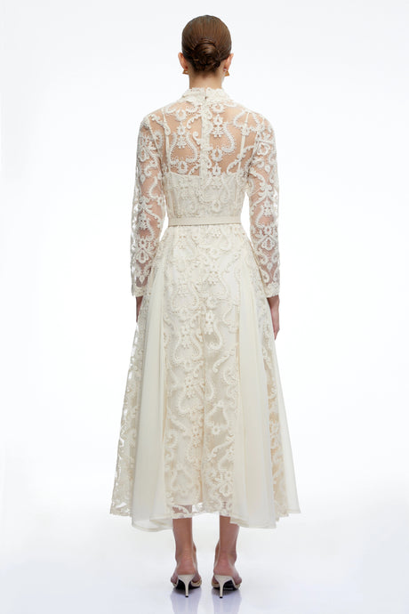 Kenzie Midi Dress Neutral Long Sleeves Lace