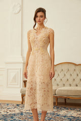 Linnea Nude Floral Applique VNeck Midi Dress