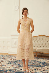 Linnea Nude Floral Applique VNeck Midi Dress