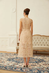 Linnea Nude Floral Applique VNeck Midi Dress
