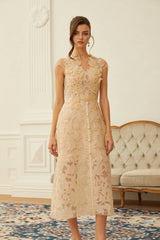 Linnea Nude Floral Applique VNeck Midi Dress