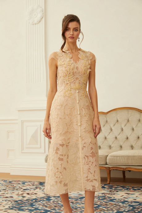 Mariarosa Midi Dress Nude Floral Applique V-Neck
