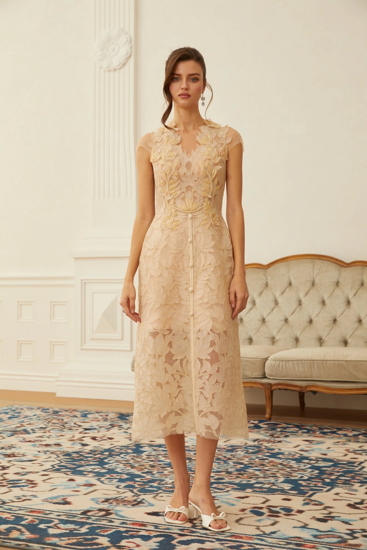 Linnea Nude Floral Applique VNeck Midi Dress