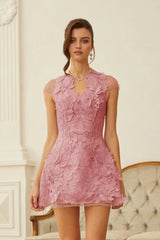 Linnea Pink Floral Applique VNeck Mini Dress