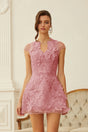 Linnea Pink Floral Applique VNeck Mini Dress