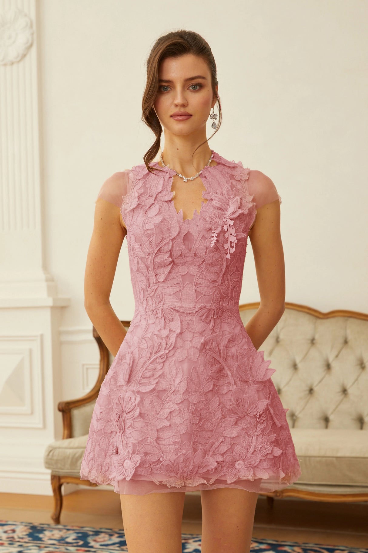 Linnea Pink Floral Applique VNeck Mini Dress
