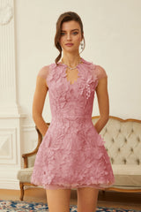 Linnea Pink Floral Applique VNeck Mini Dress