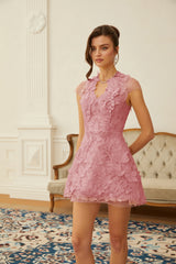 Linnea Pink Floral Applique VNeck Mini Dress