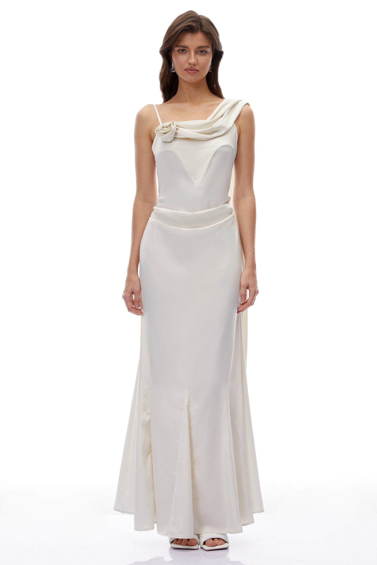 Lisa White One Shoulder Ruched Maxi Dress with 3D Florals