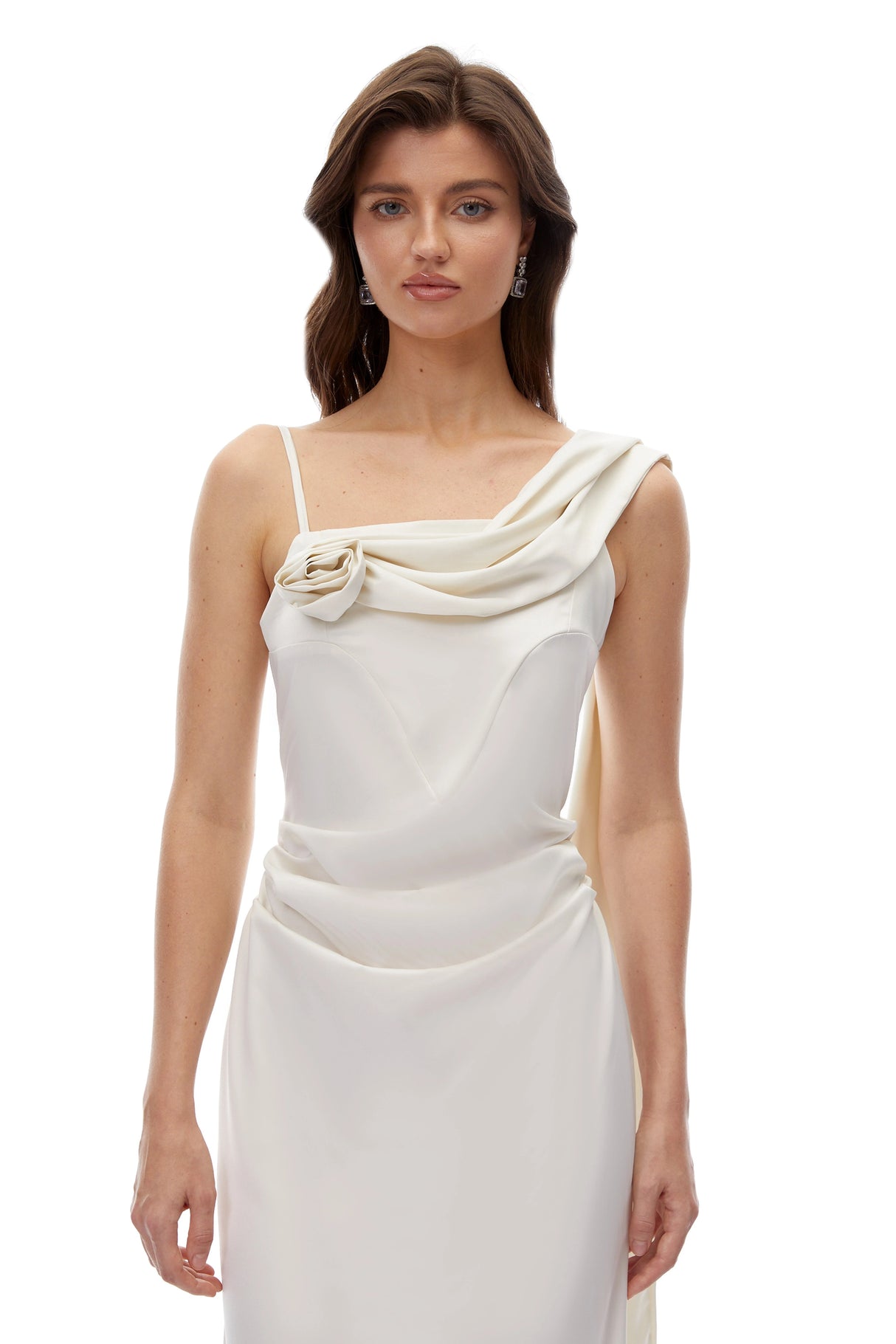 Lisa White One Shoulder Ruched Maxi Dress with 3D Florals