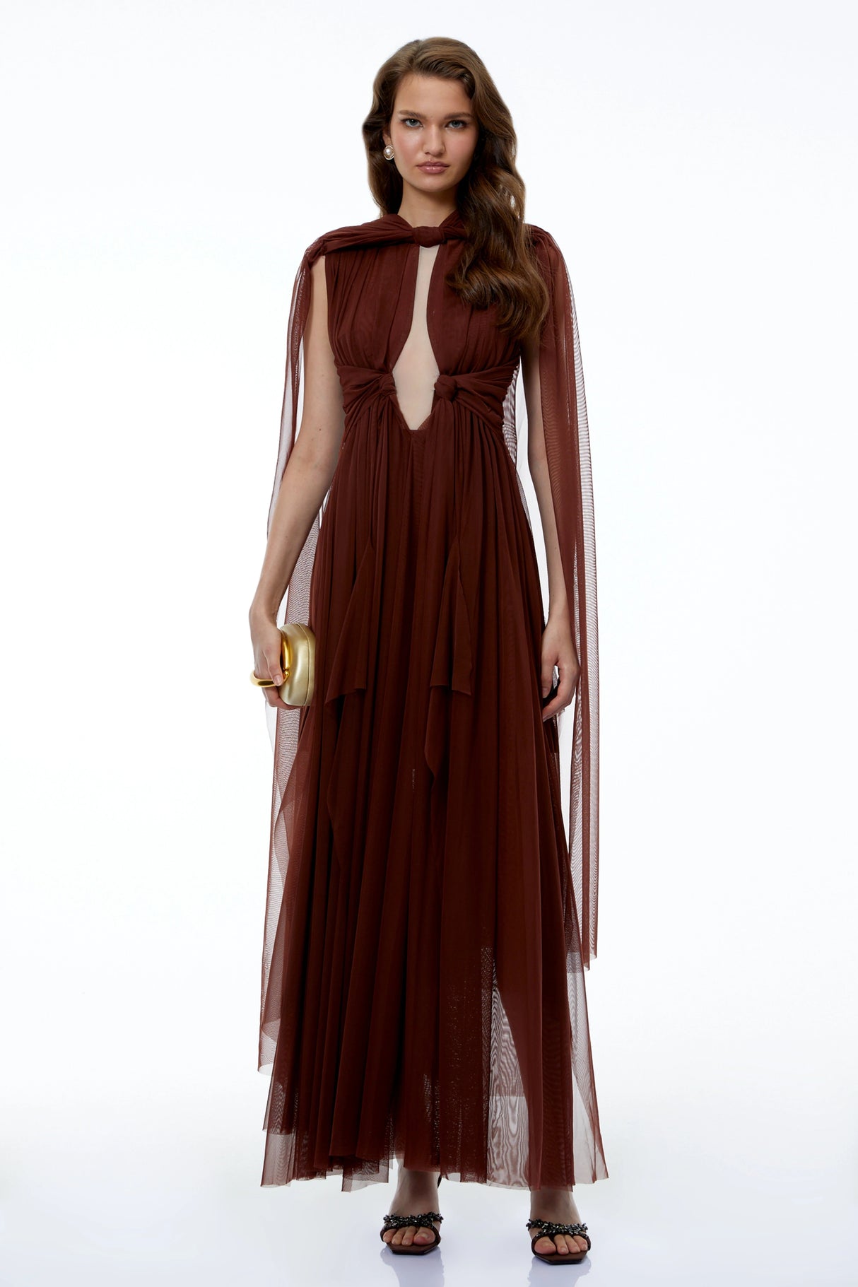 Lisbet Chocolate Brown Ruched Maxi Dress with Cape Sleeves