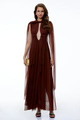 Lisbet Chocolate Brown Ruched Maxi Dress with Cape Sleeves