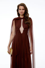 Lisbet Chocolate Brown Ruched Maxi Dress with Cape Sleeves