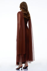Lisbet Chocolate Brown Ruched Maxi Dress with Cape Sleeves