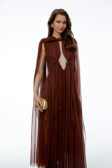 Lisbet Chocolate Brown Ruched Maxi Dress with Cape Sleeves