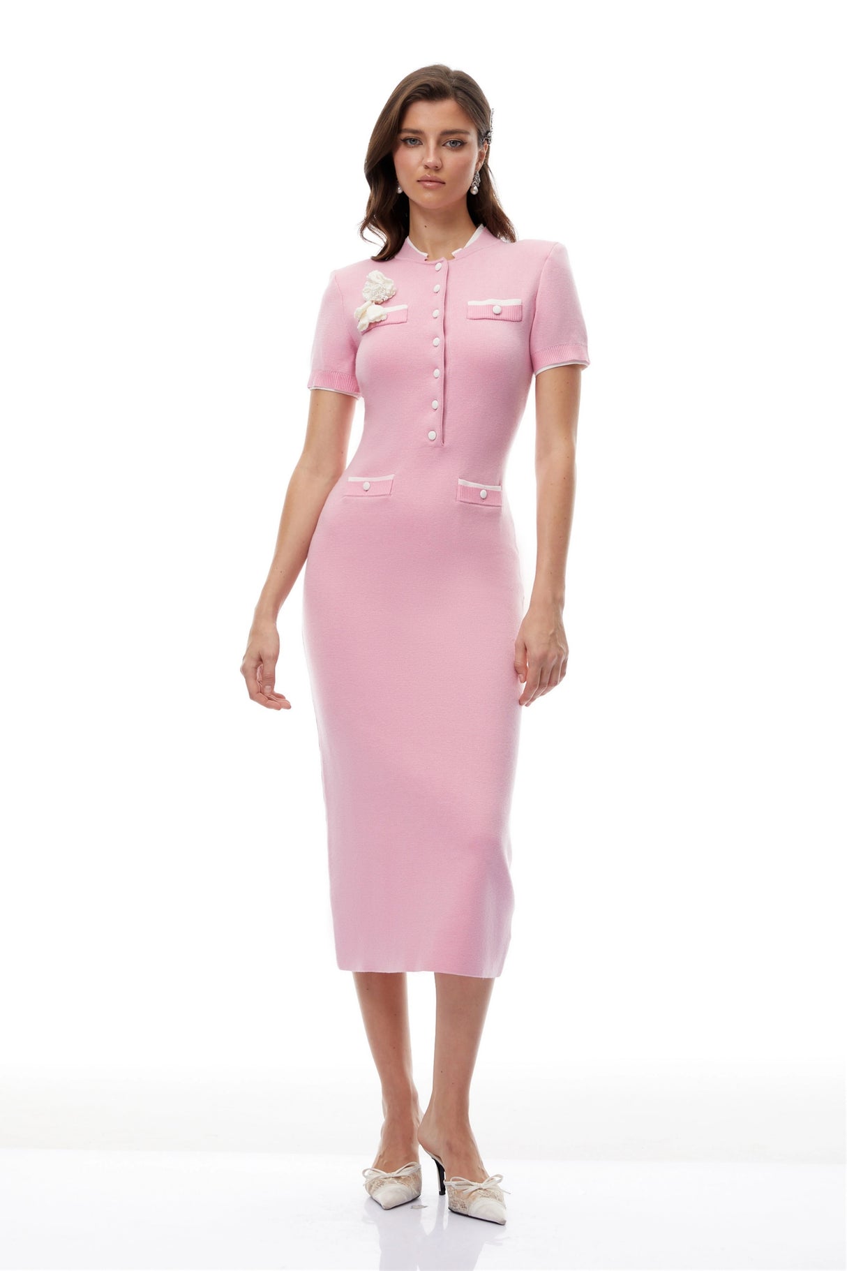 Lisette Pink 3D Petal Knit Midi Dress