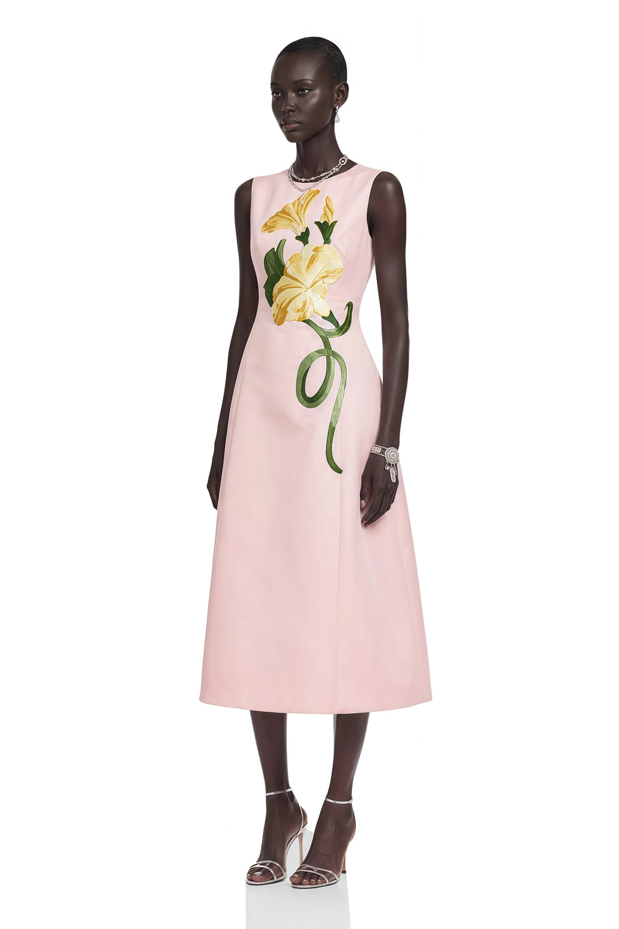 Livia Pink ALine Midi Dress with Floral Applique