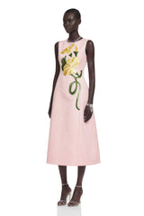 Livia Pink ALine Midi Dress with Floral Applique