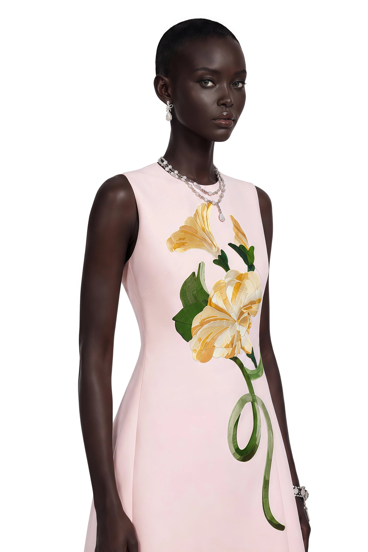 Livia Pink ALine Midi Dress with Floral Applique