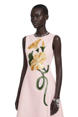 Livia Pink ALine Midi Dress with Floral Applique