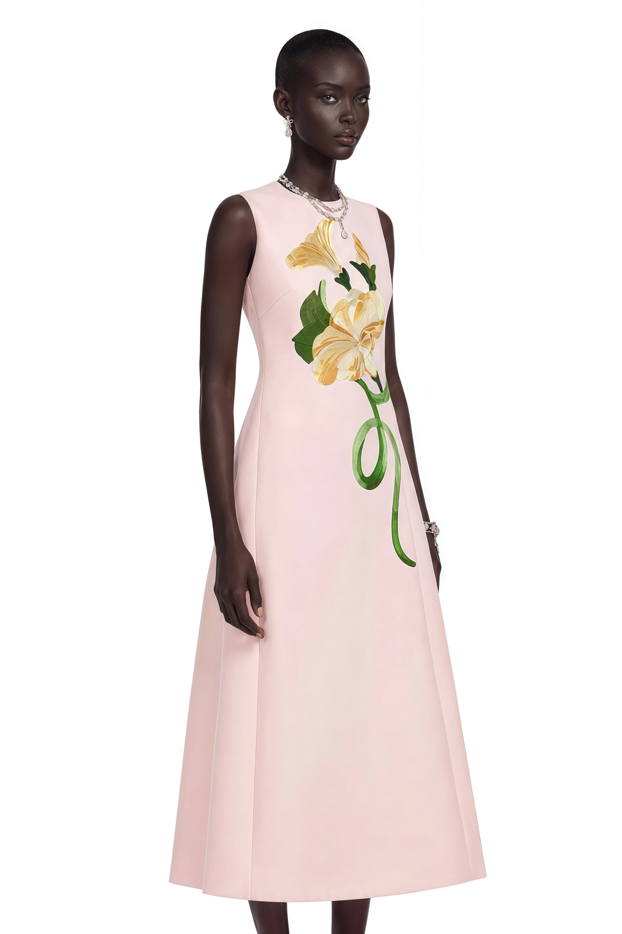 Livia Pink ALine Midi Dress with Floral Applique