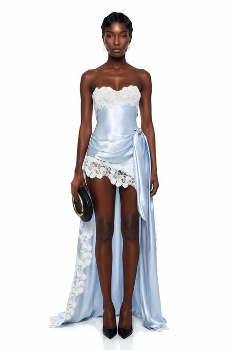 Matilde Maxi Dress Blue Off Shoulder Asymmetrical with Lace Trim