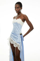 Lola Blue Off Shoulder Asymmetrical Maxi Dress with Lace Trim