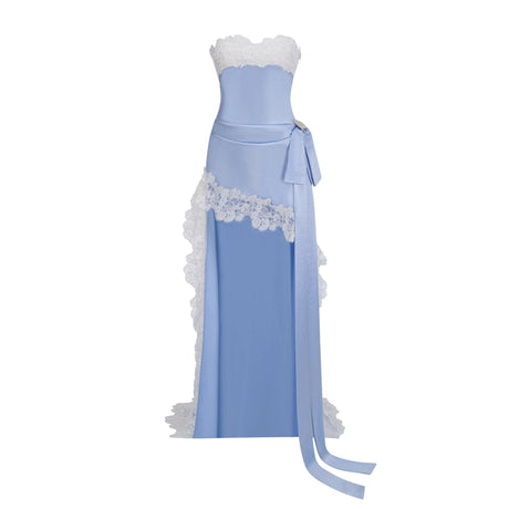 Matilde Maxi Dress Blue Off Shoulder Asymmetrical with Lace Trim