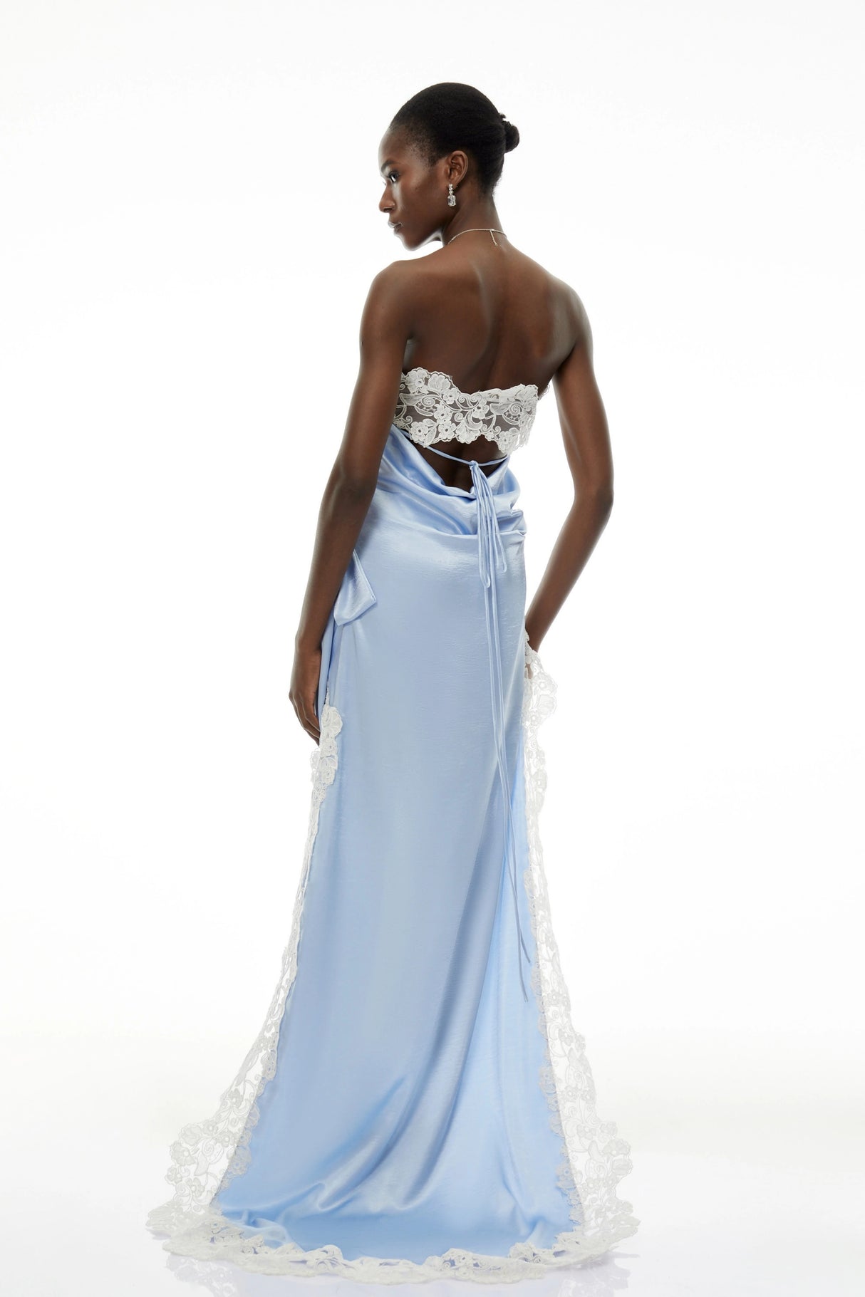 Lola Blue Off Shoulder Asymmetrical Maxi Dress with Lace Trim