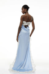 Lola Blue Off Shoulder Asymmetrical Maxi Dress with Lace Trim
