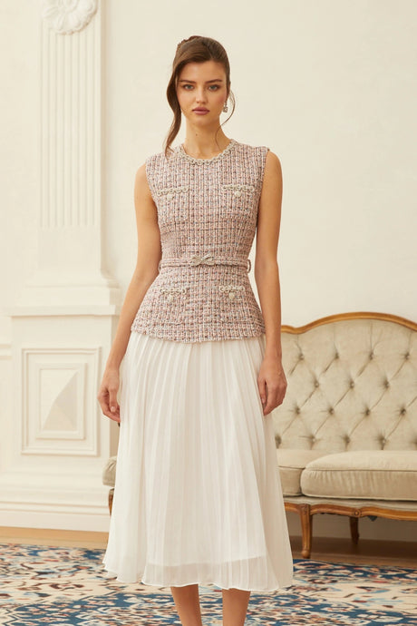 Sydney Midi Dress Pink Embellished Tweed Panel
