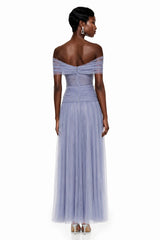 Lolwa Blue Ruched Maxi Dress with 3D Petals