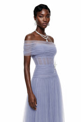 Lolwa Blue Ruched Maxi Dress with 3D Petals