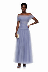Lolwa Blue Ruched Maxi Dress with 3D Petals