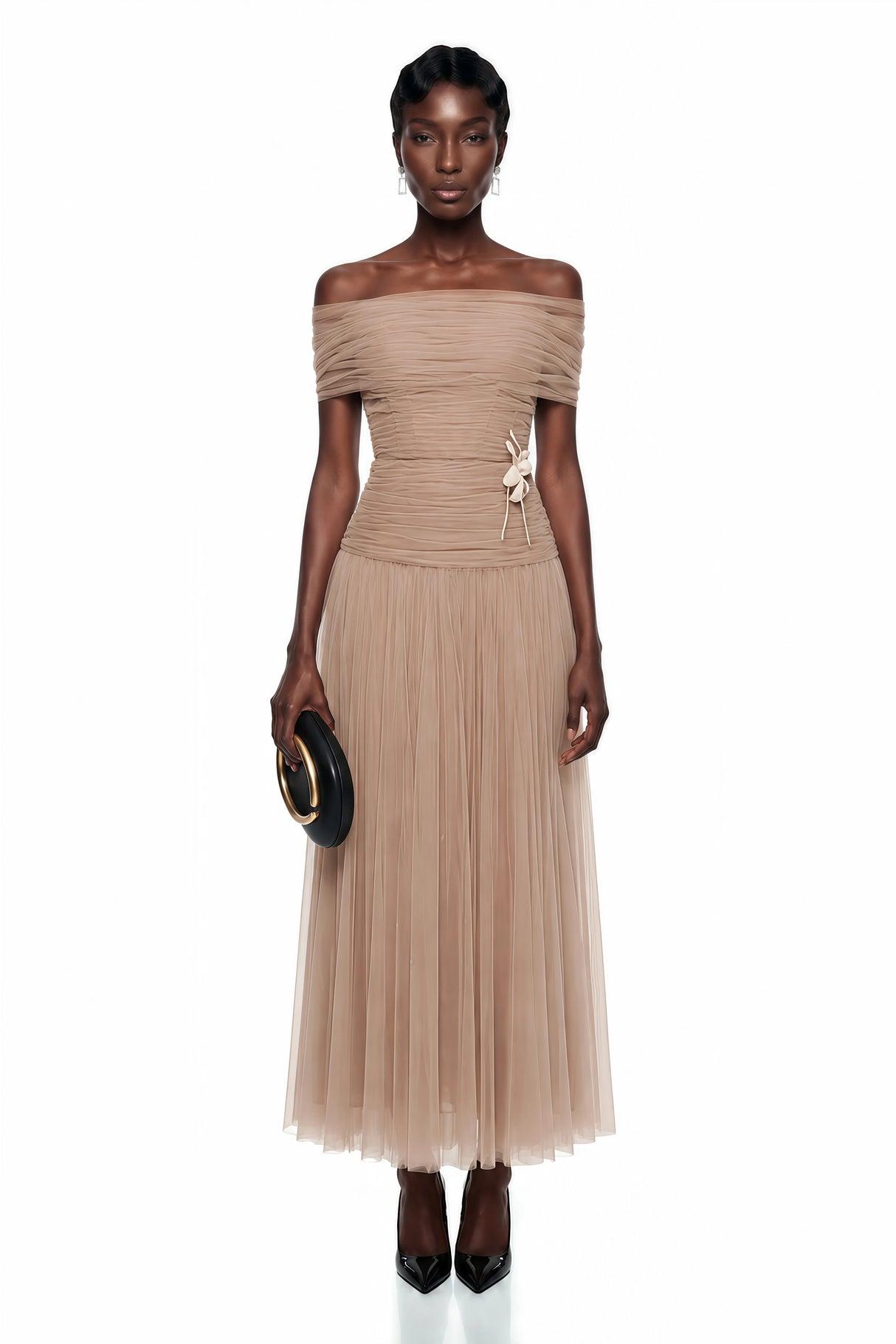 Lolwa Khaki Ruched Maxi Dress with 3D Petals