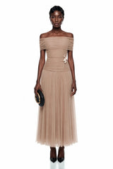 Lolwa Khaki Ruched Maxi Dress with 3D Petals