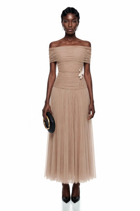 Lolwa Khaki Ruched Maxi Dress with 3D Petals