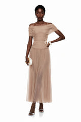Lolwa Khaki Ruched Maxi Dress with 3D Petals