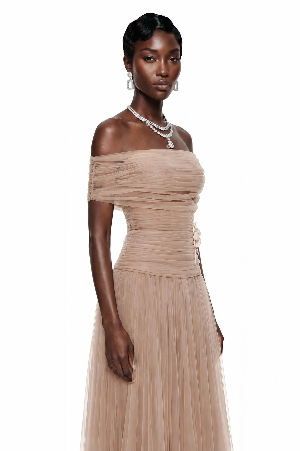 Lolwa Khaki Ruched Maxi Dress with 3D Petals