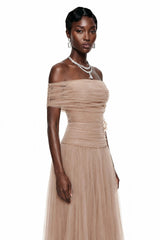 Lolwa Khaki Ruched Maxi Dress with 3D Petals