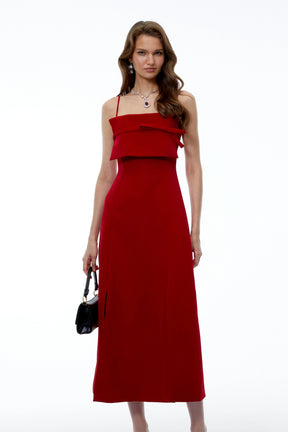 Loredana Red Draped Maxi Dress with Front Slit