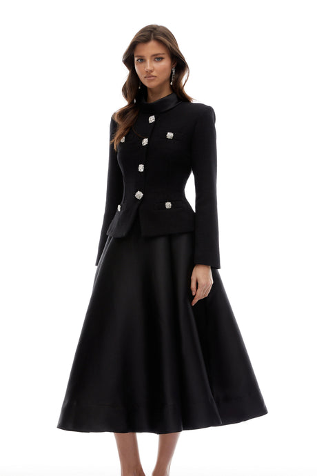 Winter Midi Dress Black High Neck Tweed