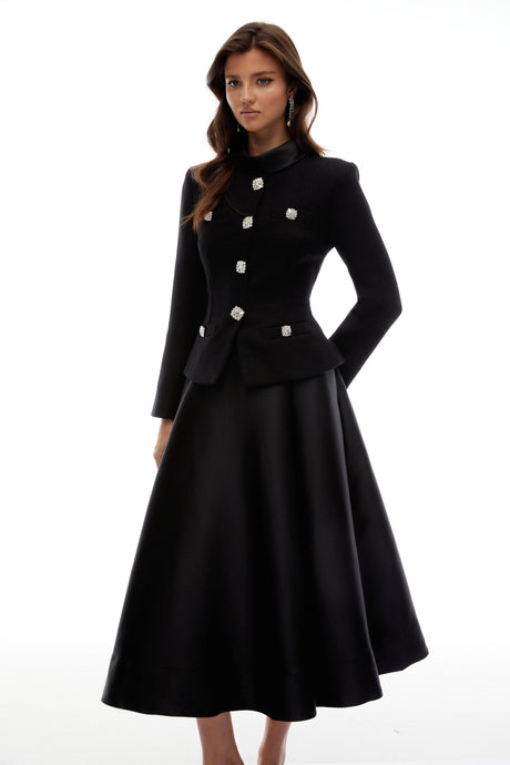 Winter Midi Dress Black High Neck Tweed