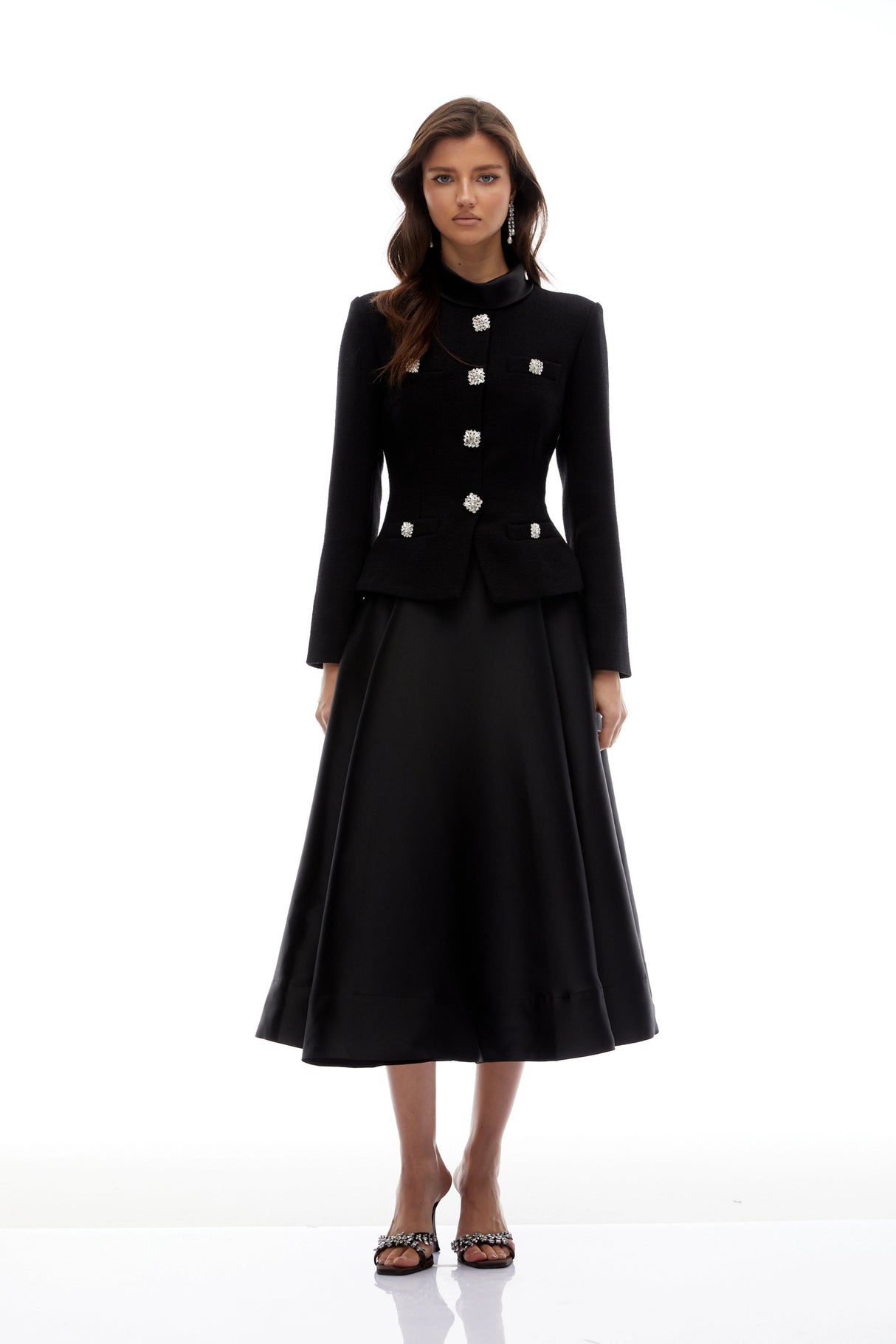 Lorelei Black High Neck Tweed Midi Dress