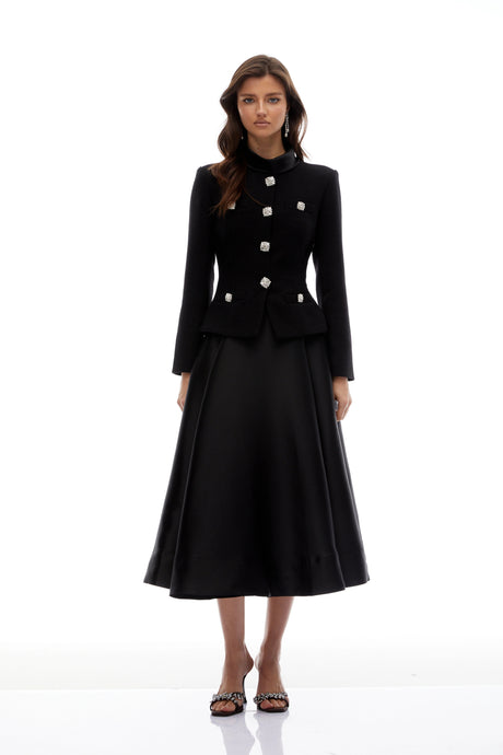 Winter Midi Dress Black High Neck Tweed