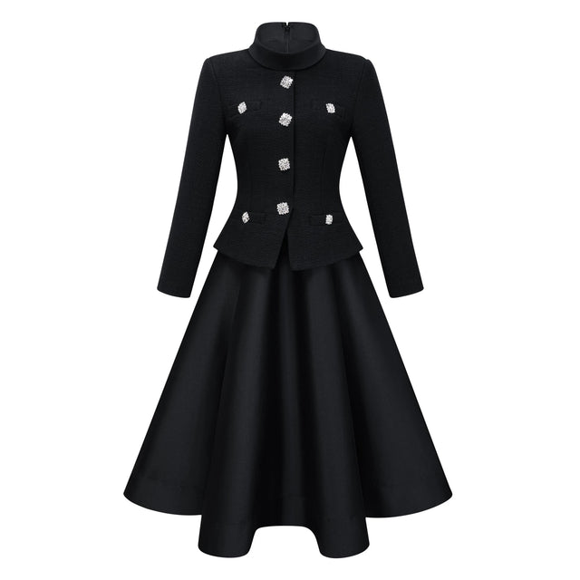 Lorelei Black High Neck Tweed Midi Dress