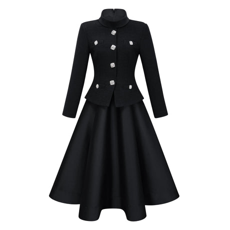 Winter Midi Dress Black High Neck Tweed